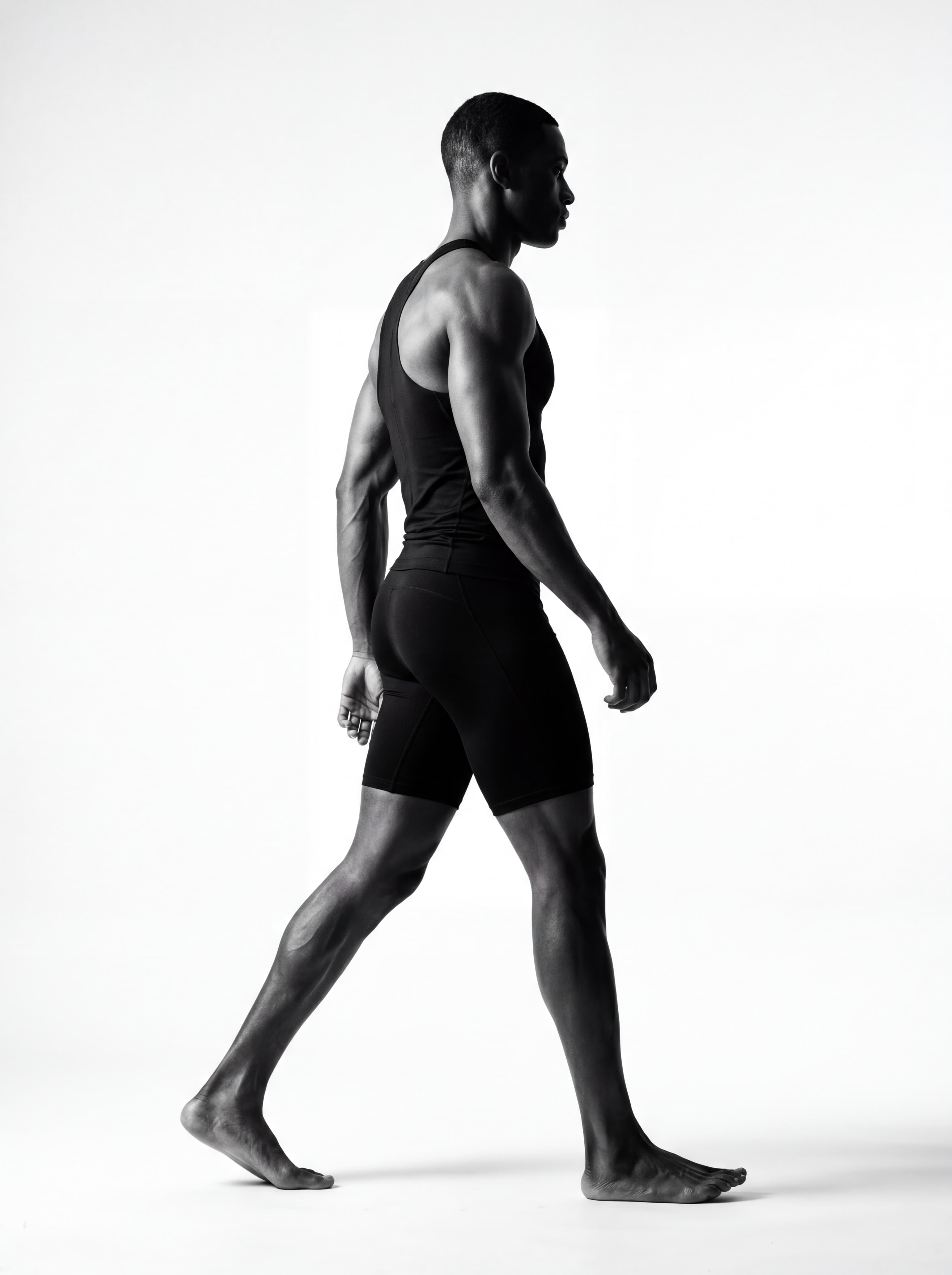 Athlete profile walking, studio lighting, grayscale