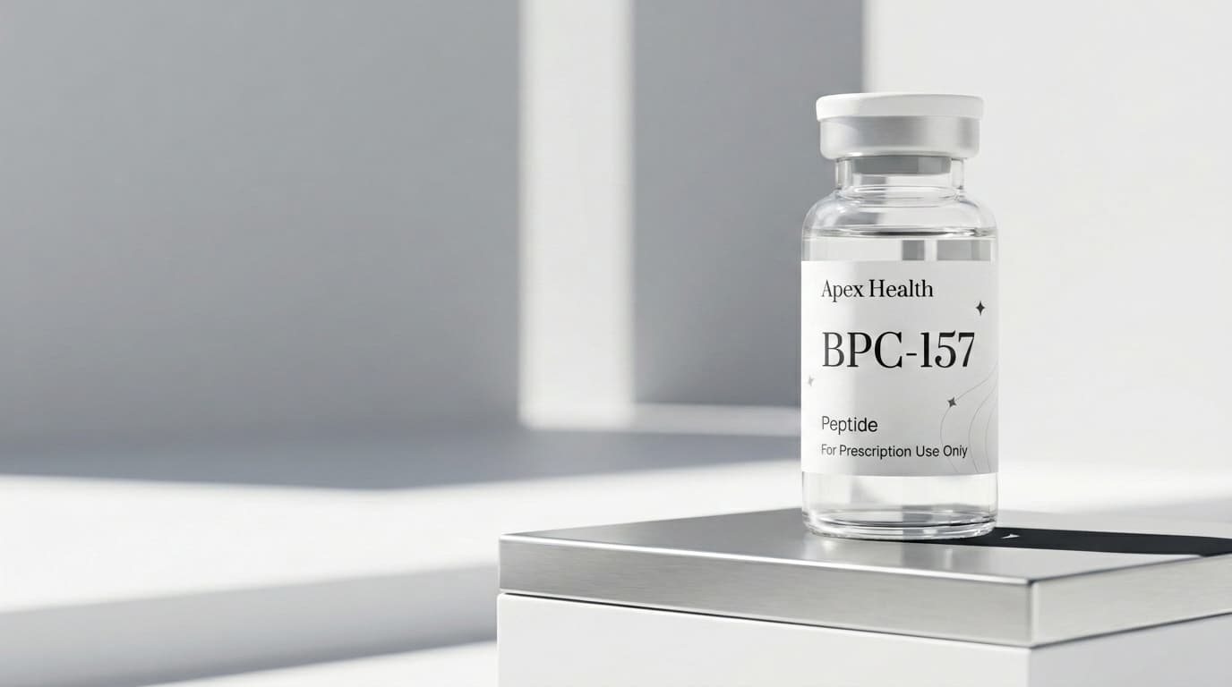 Apex Health BPC-157 vial on brushed steel, architectural daylight