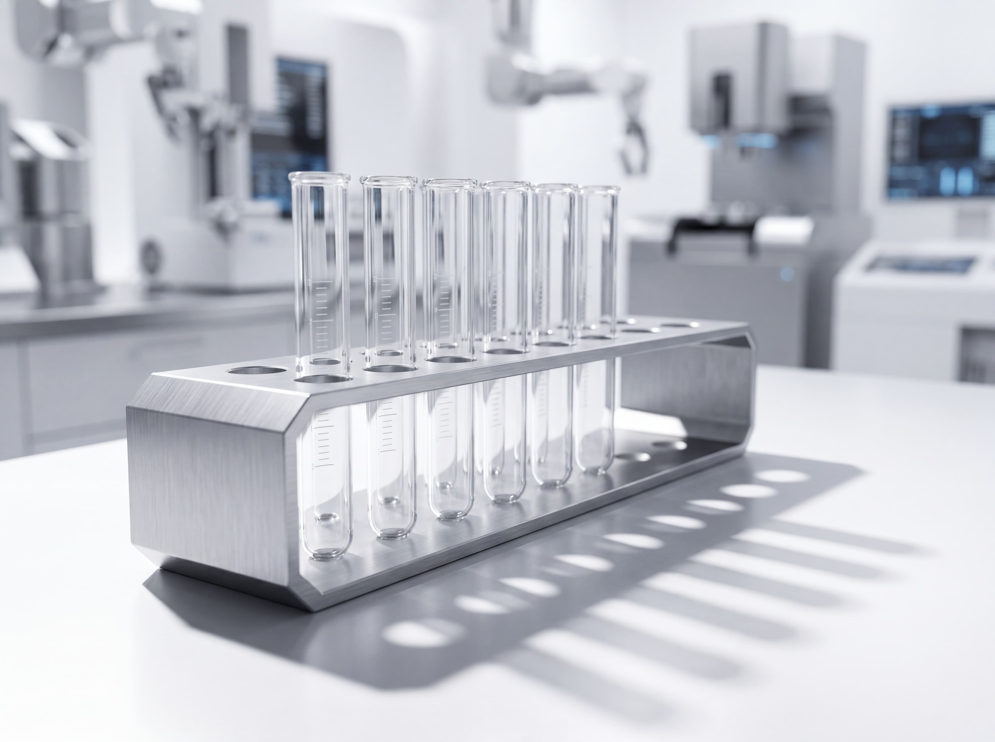 Stainless steel test tube rack in a blurred clinical lab